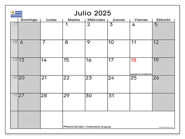 Calendario de Uruguay para imprimir gratis, julio 2025. Semana:  De domingo a sábado