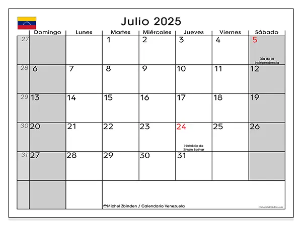 Calendario de Venezuela para imprimir gratis, julio 2025. Semana:  De domingo a sábado