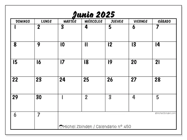 Calendario para imprimir n.° 450 para junio de 2025. Semana: Domingo a sábado.