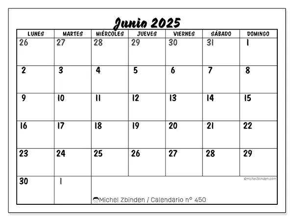 Calendario n.° 450 para imprimir gratis, junio 2025. Semana:  De lunes a domingo