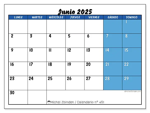 Calendario n.° 451 para imprimir gratis, junio 2025. Semana:  De lunes a domingo