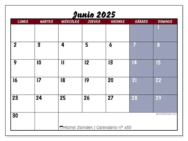 Calendario n.° 452 para imprimir gratis, junio 2025. Semana:  De lunes a domingo