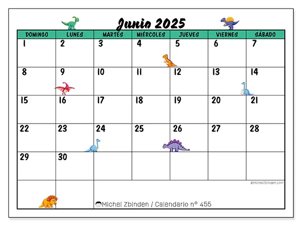 Calendario para imprimir n.° 455 para junio de 2025. Semana: Domingo a sábado.