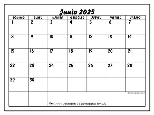 Calendario para imprimir n.° 45 para junio de 2025. Semana: Domingo a sábado.