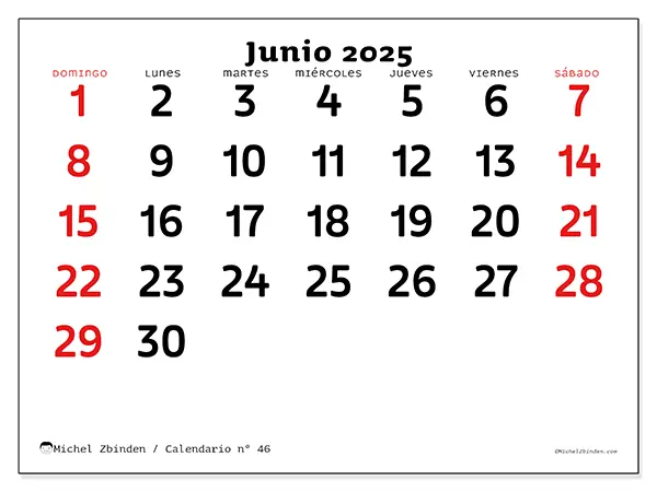 Calendario para imprimir n.° 46 para junio de 2025. Semana: Domingo a sábado.