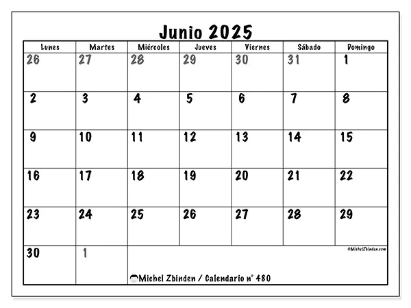 Calendario n.° 480 para imprimir gratis, junio 2025. Semana:  De lunes a domingo