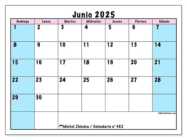 Calendario para imprimir n.° 482, junio 2025