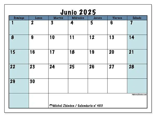 Calendario para imprimir n.° 483, junio 2025