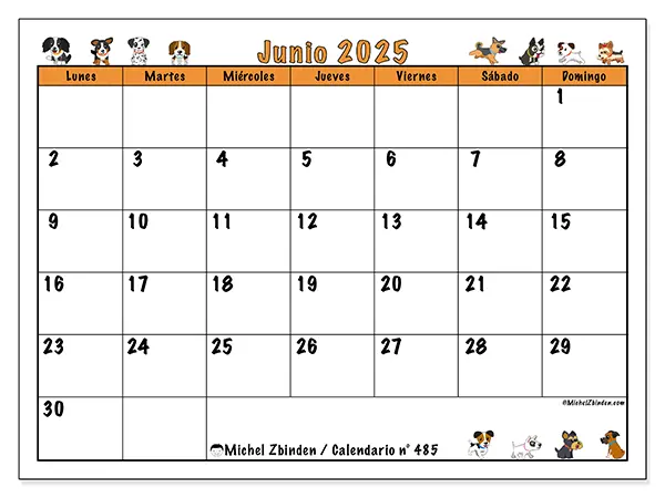 Calendario n.° 485 para imprimir gratis, junio 2025. Semana:  De lunes a domingo