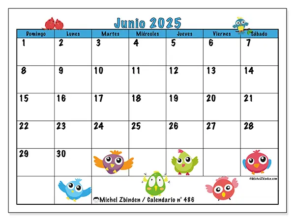 Calendario para imprimir n.° 486 para junio de 2025. Semana: Domingo a sábado.