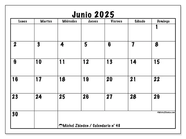 Calendario n° 48 para imprimir gratis, junio 2025. Semana:  De lunes a domingo