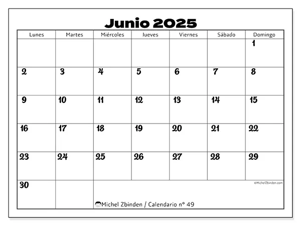 Calendario n.° 49 para imprimir gratis, junio 2025. Semana:  De lunes a domingo