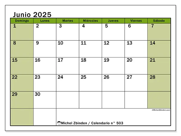 Calendario para imprimir n.° 503 para junio de 2025. Semana: Domingo a sábado.