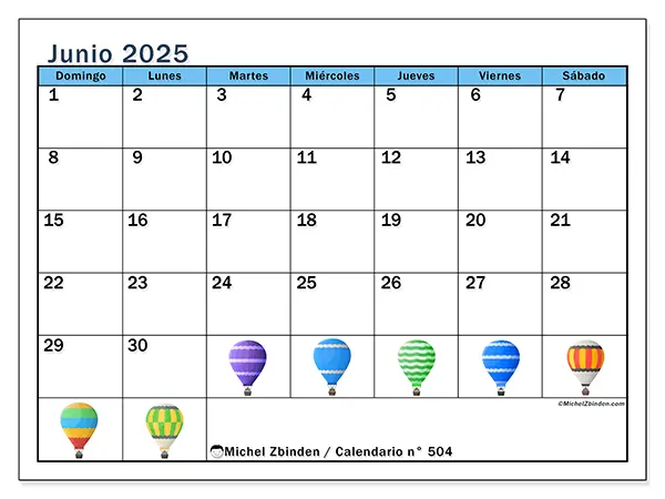 Calendario para imprimir n.° 504 para junio de 2025. Semana: Domingo a sábado.