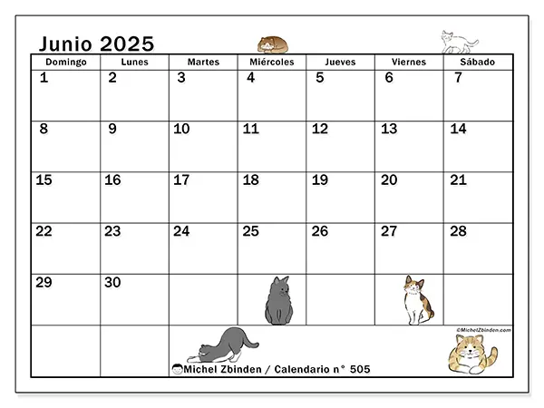 Calendario para imprimir n.° 505 para junio de 2025. Semana: Domingo a sábado.