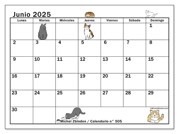 Calendario n.° 505 para imprimir gratis, junio 2025. Semana:  De lunes a domingo