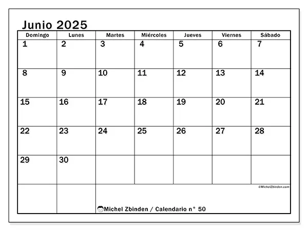 Calendario para imprimir n.° 50 para junio de 2025. Semana: Domingo a sábado.