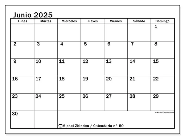 Calendario n.° 50 para imprimir gratis, junio 2025. Semana:  De lunes a domingo