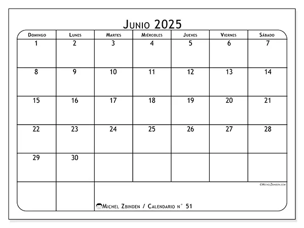 Calendario para imprimir n.° 51 para junio de 2025. Semana: Domingo a sábado.