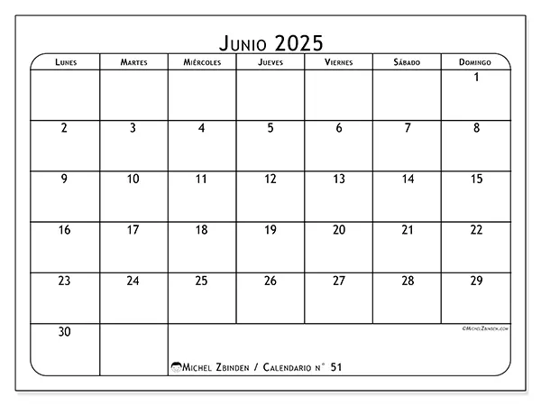 Calendario n.° 51 para imprimir gratis, junio 2025. Semana:  De lunes a domingo