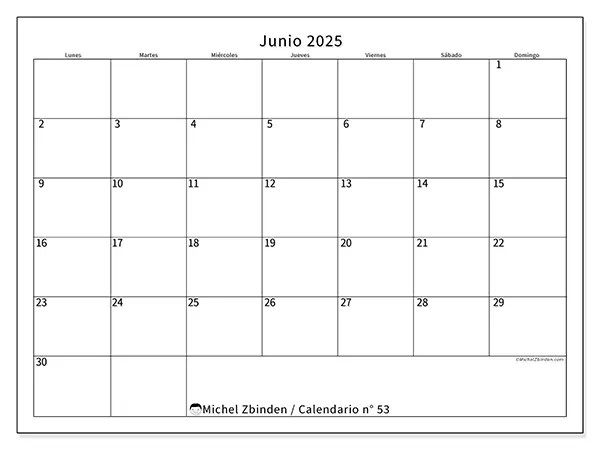 Calendario n.° 53 para imprimir gratis, junio 2025. Semana:  De lunes a domingo