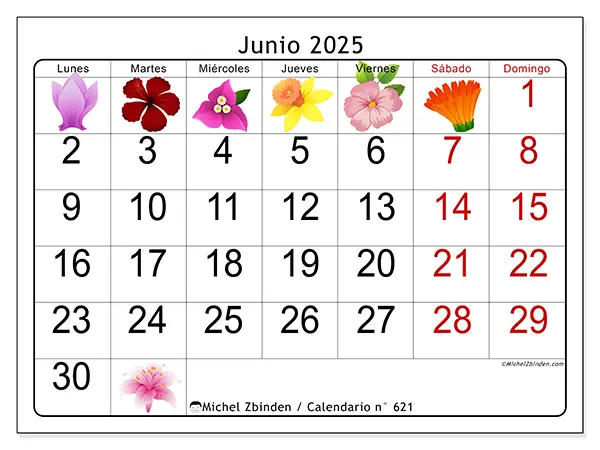 Calendario n.° 621 para imprimir gratis, junio 2025. Semana:  De lunes a domingo