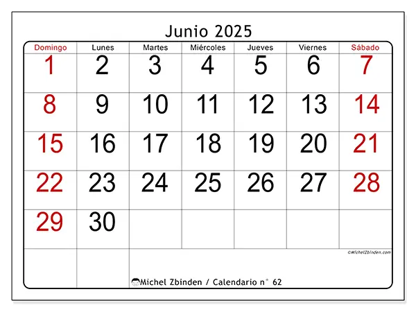 Calendario para imprimir n.° 62 para junio de 2025. Semana: Domingo a sábado.