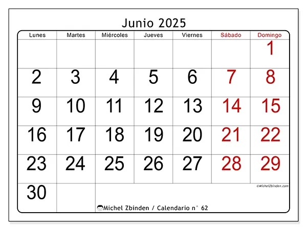 Calendario para imprimir n.° 62 para junio de 2025. Semana: Lunes a domingo.