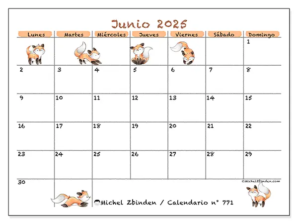 Calendario para imprimir n.° 771 para junio de 2025. Semana: Lunes a domingo.