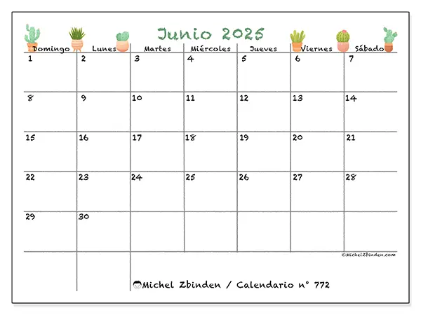 Calendario para imprimir n.° 772 para junio de 2025. Semana: Domingo a sábado.