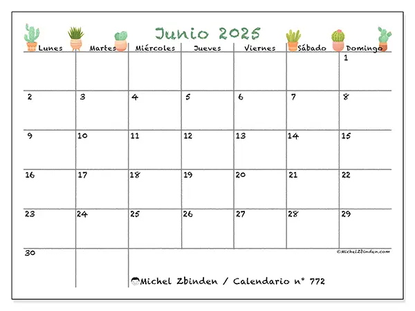 Calendario n.° 772 para imprimir gratis, junio 2025. Semana:  De lunes a domingo