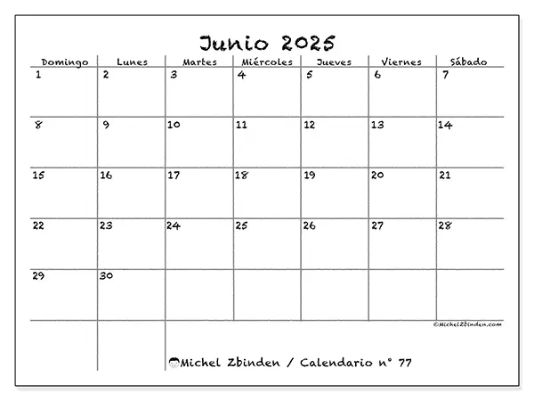 Calendario para imprimir n.° 77 para junio de 2025. Semana: Domingo a sábado.