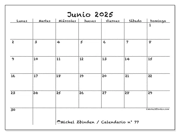 Calendario n.° 77 para imprimir gratis, junio 2025. Semana:  De lunes a domingo