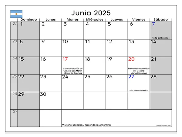 Calendario para imprimir Argentina para junio de 2025. Semana: Domingo a sábado.
