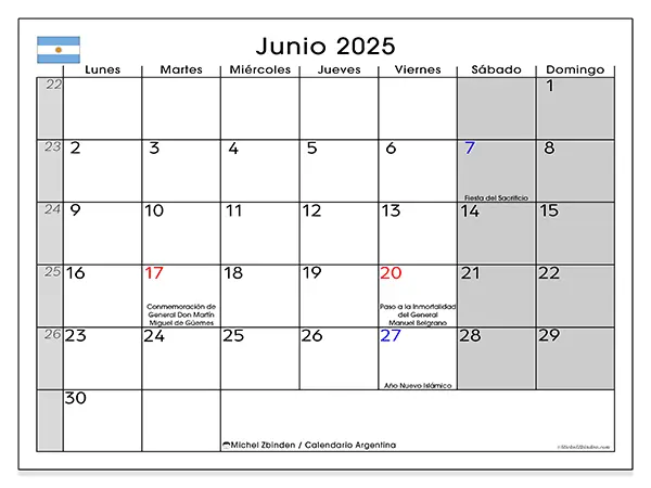 Calendario de Argentina para imprimir gratis, junio 2025. Semana:  De lunes a domingo