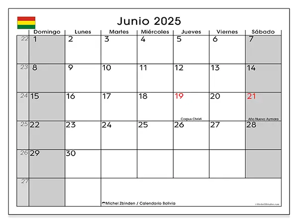 Calendario para imprimir Bolivia para junio de 2025. Semana: Domingo a sábado.