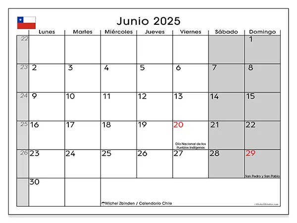 Calendario de Chile para imprimir gratis, junio 2025. Semana:  De lunes a domingo
