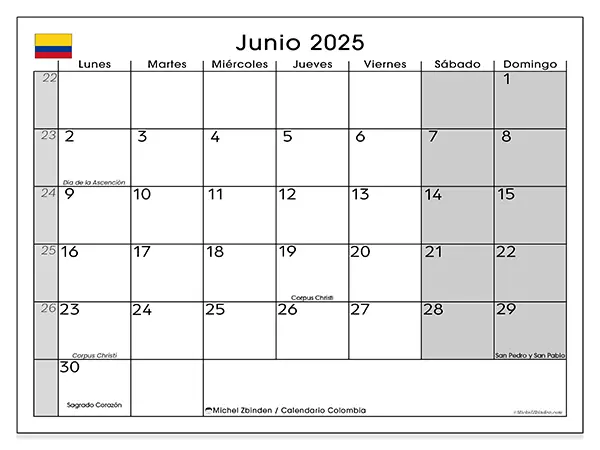 Calendario de Colombia para imprimir gratis, junio 2025. Semana:  De lunes a domingo