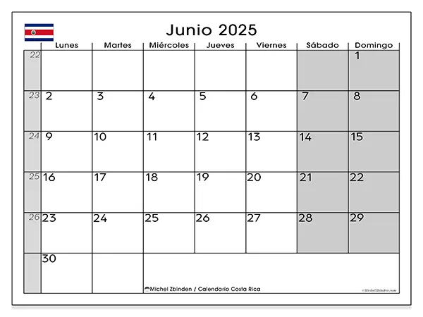 Calendario de Costa Rica para imprimir gratis, junio 2025. Semana:  De lunes a domingo