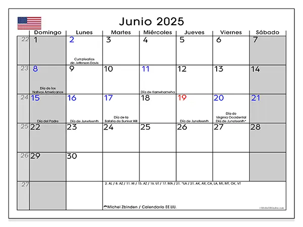 Calendario para imprimir Estados Unidos para junio de 2025. Semana: Domingo a sábado.
