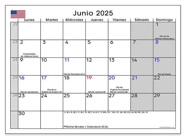 Calendario de Estados Unidos para imprimir gratis, junio 2025. Semana:  De lunes a domingo