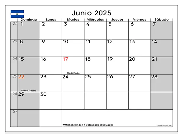 Calendario para imprimir El Salvador para junio de 2025. Semana: Domingo a sábado.