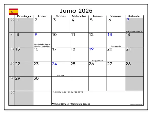 Calendario para imprimir España para junio de 2025. Semana: Domingo a sábado.
