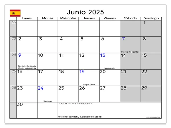 Calendario de España para imprimir gratis, junio 2025. Semana:  De lunes a domingo