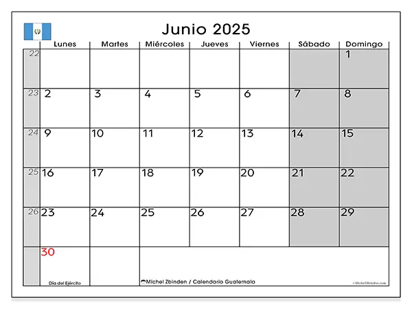 Calendario de Guatemala para imprimir gratis, junio 2025. Semana:  De lunes a domingo