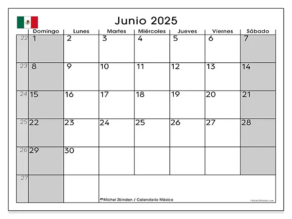 Calendario para imprimir México para junio de 2025. Semana: Domingo a sábado.
