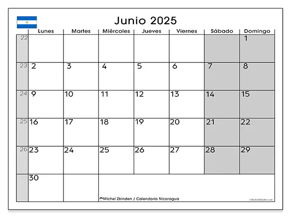 Calendario de Nicaragua para imprimir gratis, junio 2025. Semana:  De lunes a domingo