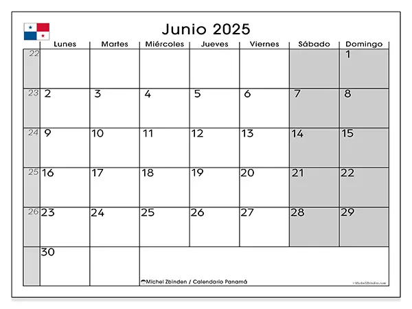 Calendario de Panamá para imprimir gratis, junio 2025. Semana:  De lunes a domingo