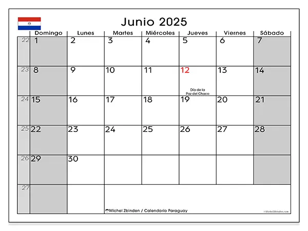 Calendario para imprimir Paraguay para junio de 2025. Semana: Domingo a sábado.
