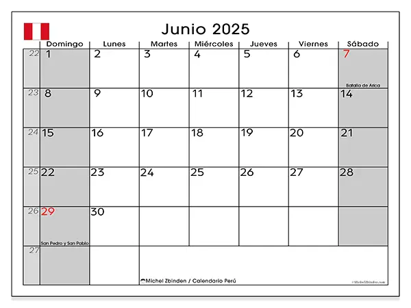 Calendario para imprimir Perú para junio de 2025. Semana: Domingo a sábado.